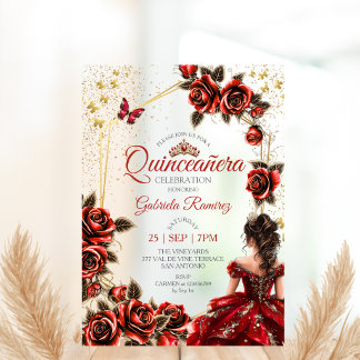 Rote goldene Tiara Rosen Schmetterling Quinceañera Acryleinladungen