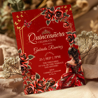 Rote goldene Tiara Rosen Schmetterling Quinceañera Einladung