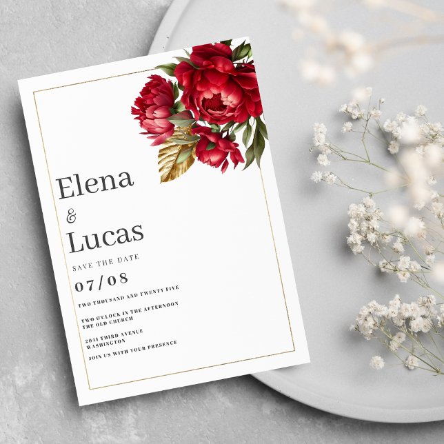 Rote goldgrüne Pfingstponies Blühende Hochzeit Einladung (Autumn red gold green peonies floral wedding)