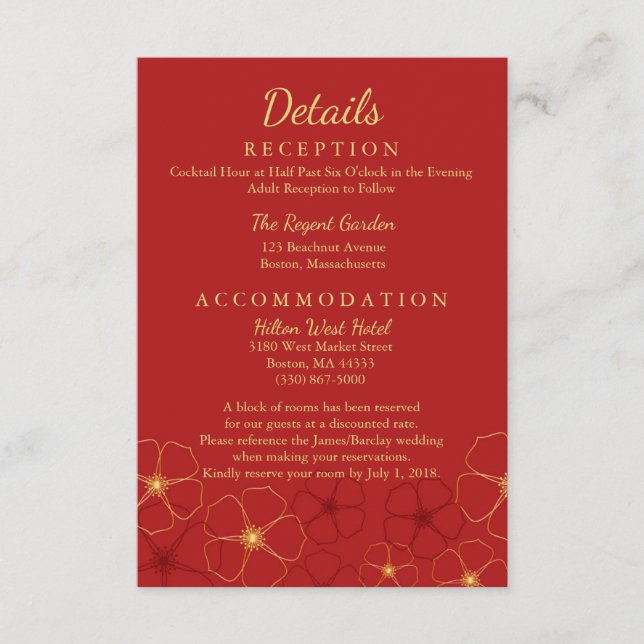 Rote Goldkirschblüten Hochzeitsdetails Begleitkarte (Vorderseite)