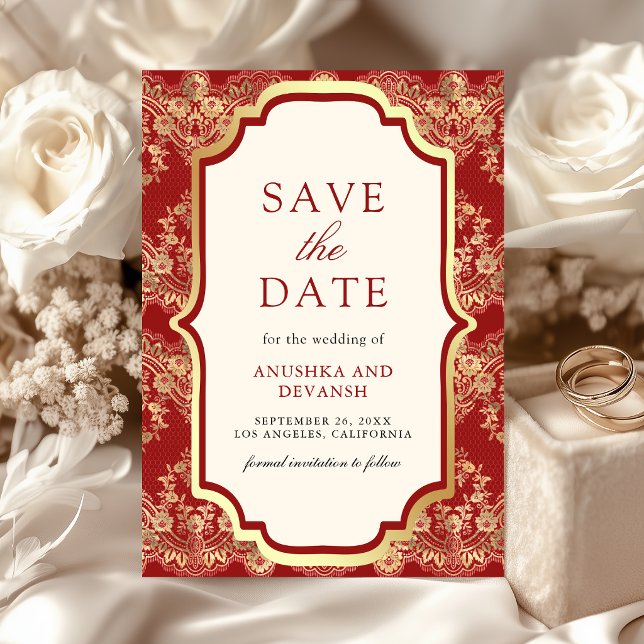 Rote Goldspitze Indische Hochzeit Save The Date (Von Creator hochgeladen)