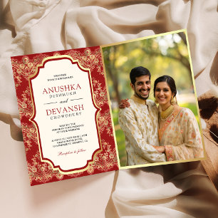 Rote Goldspitze QR-Code Foto Indische Hochzeit Einladung