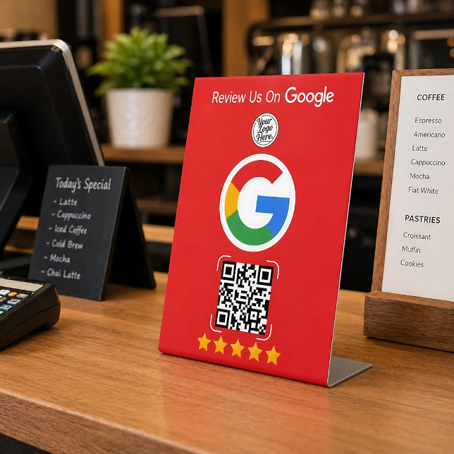 Rote Google Bewertungsanzeige mit QR-Code Sockelschild (Red Google Review Business Stand with QR Code Pedestal Sign
)