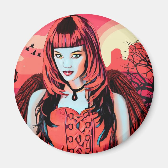 Rote Gotische Engel Frau in Wüste Original Kunst Magnet (Vorne)