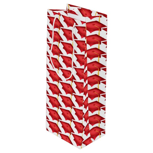 Rote Graduierungskappen mit Goldfass Geschenktüte Für Weinflaschen (Vorderseite Schrägansicht)