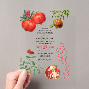 Rote Granatapfel-Botanik-Mittelmeer-Hochzeit Acryleinladungen