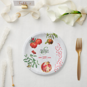 Rote Granatapfel Botanische Mittelmeer-Hochzeit Pappteller