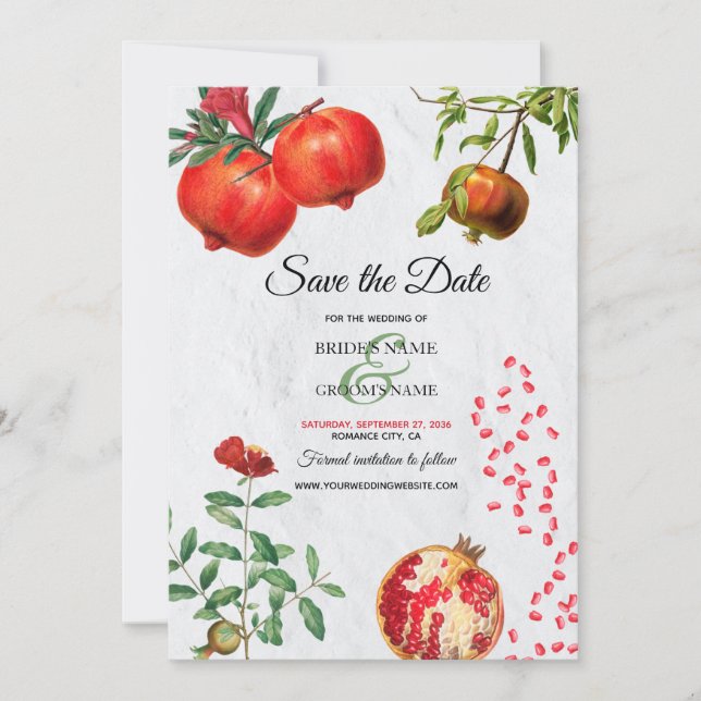 Rote Granatapfel Botanische Mittelmeer-Hochzeit Save The Date (Vorderseite)