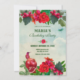 Rote Grüne Blumen Vogel Retro Vintage Einladung