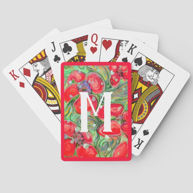 Rote Grüne Fantasie Blume Monogram Art Spielkarten (Rückseite)