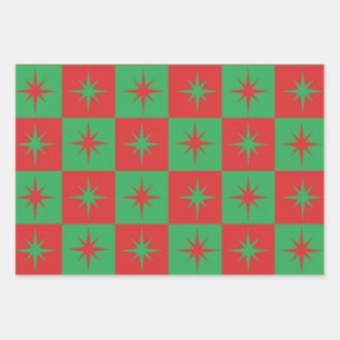 Rote grüne karierte Retro-Weihnachts-Starbursts  Geschenkpapier Set