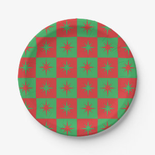 Rote grüne karierte Retro-Weihnachts-Starbursts  Pappteller