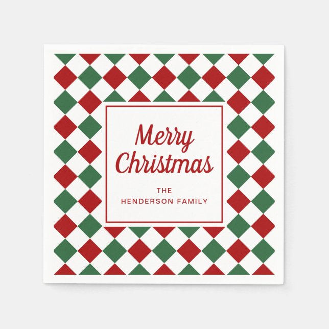Rote grüne Karos frohe Weihnachten Serviette (Vorderseite)