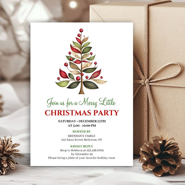 Rote grüne künstlerische Weihnachtsbaum-Dinner-Ein Einladung (Red green artistic Christmas tree dinner invitation)