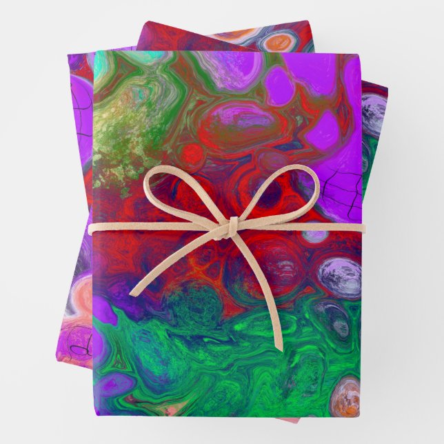 Rote, grüne, Lila, farbenfrohe digitale Fluid Art Geschenkpapier Set (Beispiel)