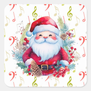 Rote grüne Musiknoten und Weihnachtsmann Quadratischer Aufkleber