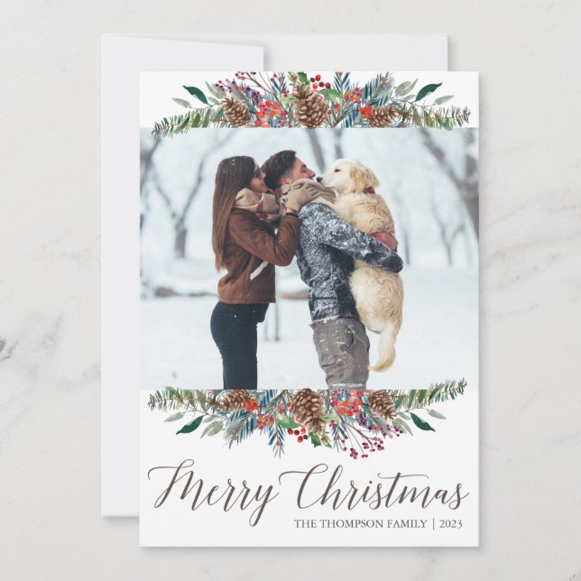 Rote Grüne Pinecone Foto Weihnachtskarten Feiertagskarte (Vorderseite)