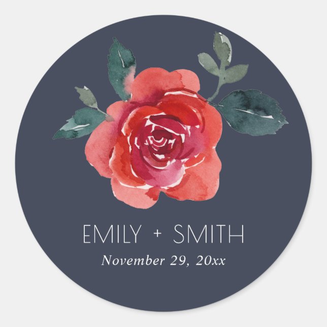 ROTE GRÜNE ROSE-FLUSSBREITE VON NAVY WATERCOLOR RUNDER AUFKLEBER (Vorderseite)
