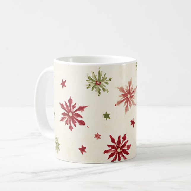 Rote Grüne Schneeflocken Kaffeetasse (Vorderseite Links)
