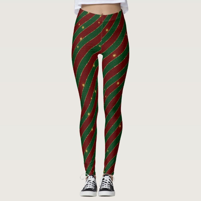 Rote grüne Sparkle Strips Leggings (Vorderseite)