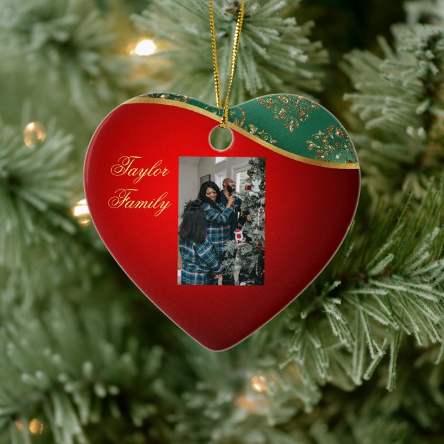 Rote, grüne und goldene Keramik Foto Ornament (Baum)