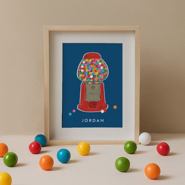 Rote Gumball-Maschine Bonbons Kaugummi Personalisi Poster (Red retro gumball candy machine blue personalized kids art print.)