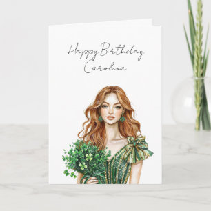 Rote Haare Frau Grün Gold Glitter Geburtstag Karte