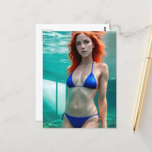 Rote Haare Frau in einem blauen Bikini Postkarte