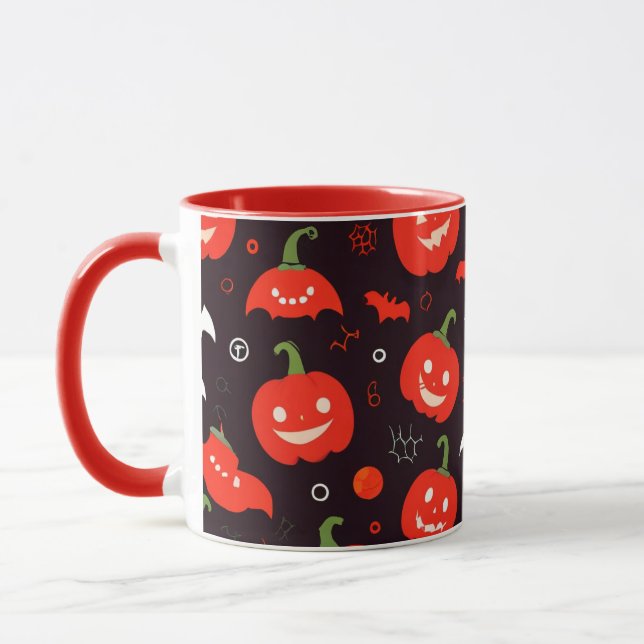 Rote Halloween Tasse mit Spooky Geistern und Kürpe (Links)