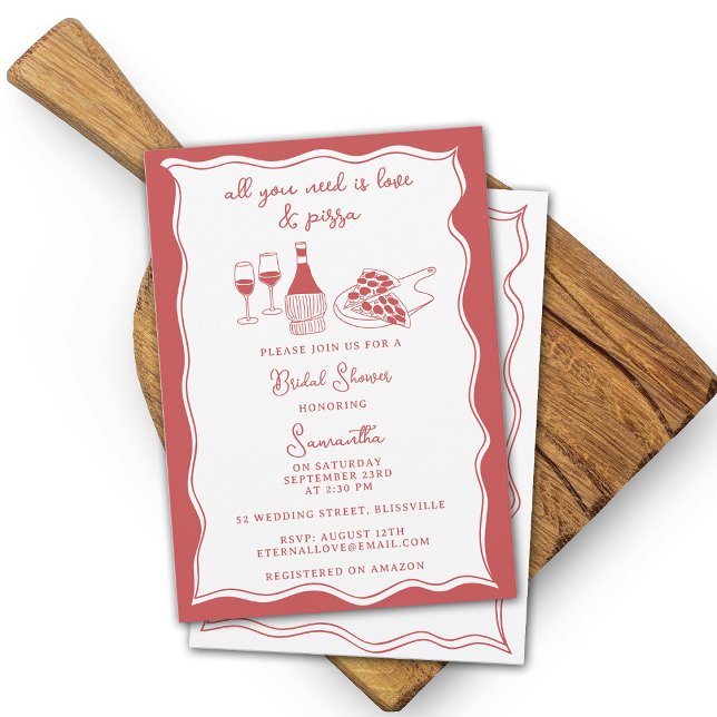 Rote Hand Italienische Pizza Brautparty Einladung (Red Hand Drawn Italian Pizza Wine Bridal Shower Invitation)