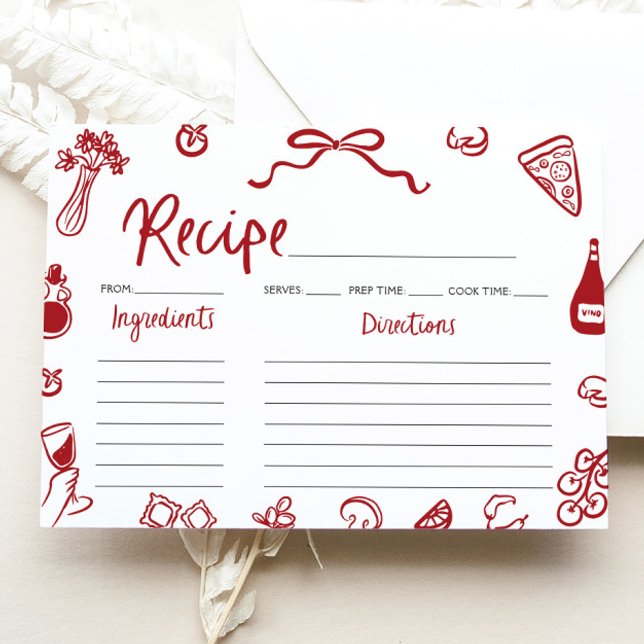 Rote Hand Italienisches Brautparty Rezept Karte (Red Hand Drawn Italian Bridal Shower Recipe Card)