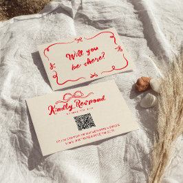 Rote Hand schrieb quirky moderne Bow QR Code Hochz RSVP Karte
