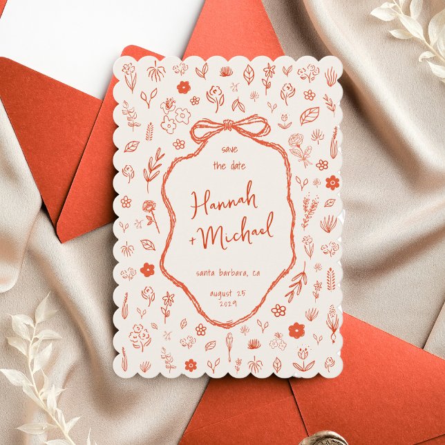 Rote handgezeichnete Blumen handgeschriebene Frühl Save The Date (Von Creator hochgeladen)