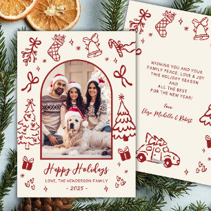 Rote handgezeichnete Doodle-Bogen-Foto-Weihnachtsf Feiertagskarte