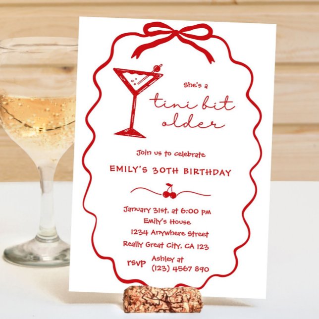 Rote handgezeichnete Kirsch-Martini-Geburtstagsein Einladung (Hand Drawn Cherry Martini Birthday Invitation)
