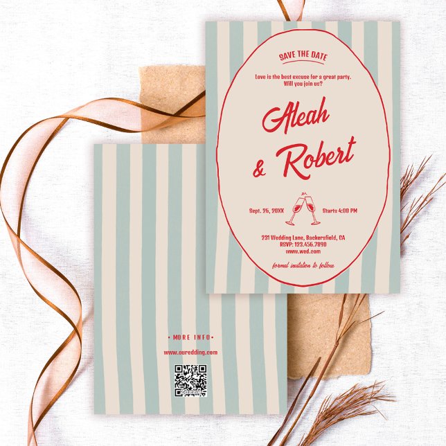 Rote Handschrift Blaue Streifen Retro Save-the-Dat Einladung (Von Creator hochgeladen)
