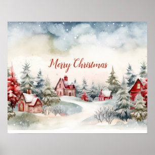 Rote Häuser Grüne Kiefern Weihnachtslandschaft Poster
