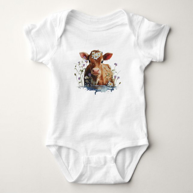 Rote Heifer (Kuh) mit Blume Baby Strampler (Vorderseite)
