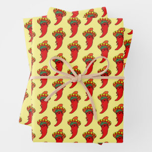 Rote heiße Kawaii-Pfeffer-Diva Mexikanischer Hut Geschenkpapier Set