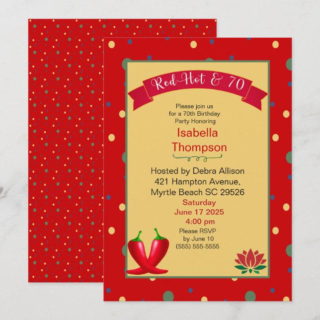 Rote heiße Paprikaschoten 70. Geburtstag Einladung (Vorne/Hinten)