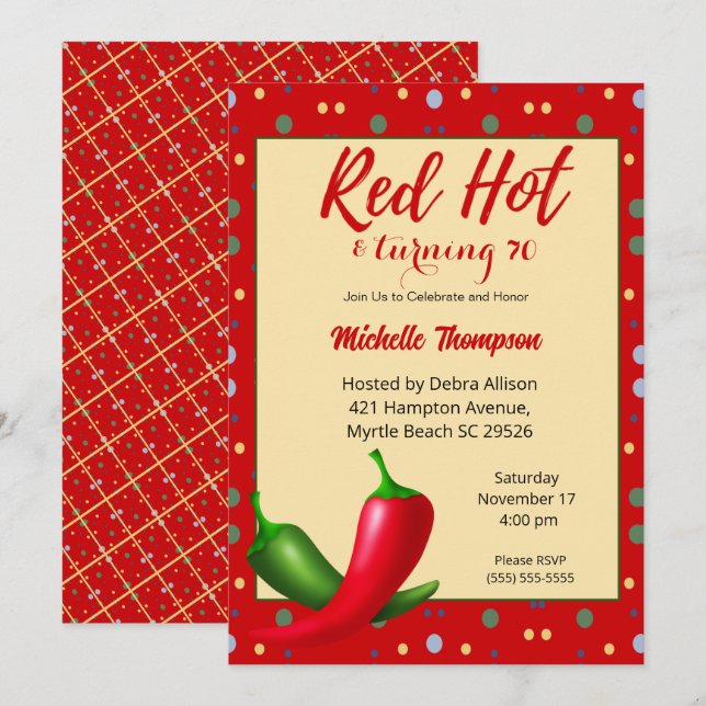 Rote heiße Paprikaschoten 70. Geburtstag Einladung (Vorne/Hinten)