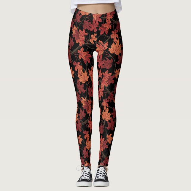 Rote Herbst-Ahornblätter auf Schwarz Leggings (Vorderseite)