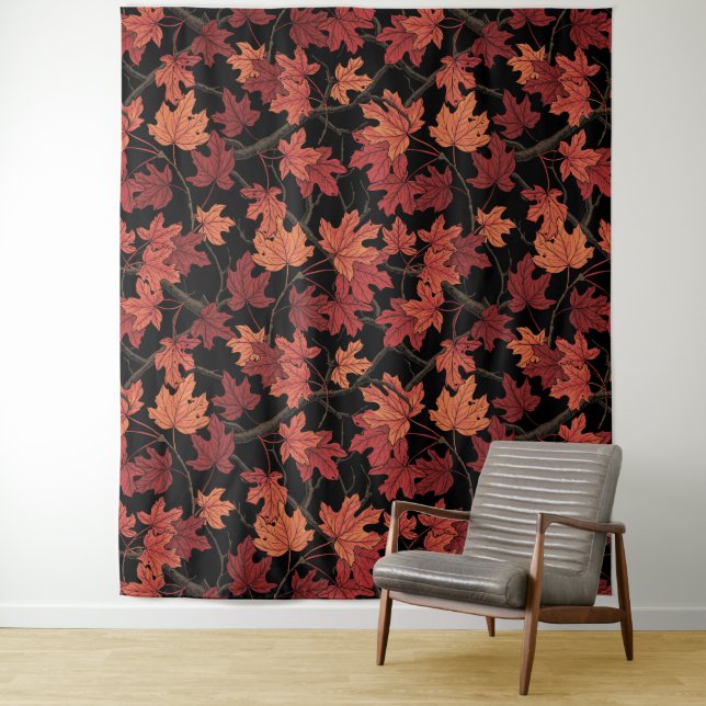 Rote Herbst-Ahornblätter auf Schwarz Wandteppich (Beispiel)