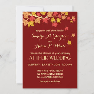 Rote Herbst-Ahornblätter fallen - Hochzeitseinladu Einladung