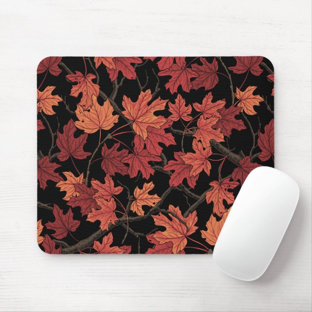 Rote Herbstahornblätter auf Schwarz Mousepad (Mit Mouse)
