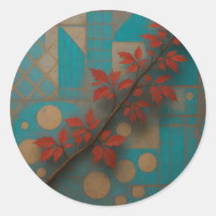 Rote Herbstblätter Türkis Geometrisches Mosaik Runder Aufkleber