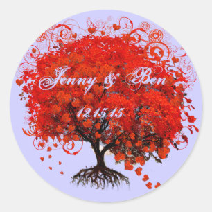 Rote Herzblatt-Baum-Hochzeit Runder Aufkleber