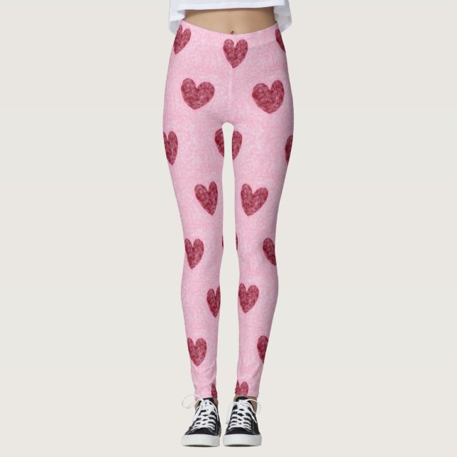 Rote Herzen auf rosafarbenen Imitaten Unscharfe Ge Leggings (Vorderseite)