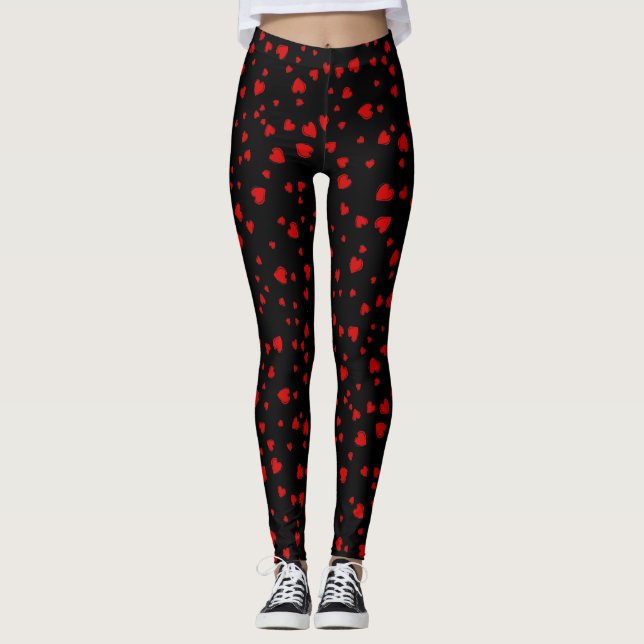 Rote Herzen Floating Muster auf schwarz Leggings (Vorderseite)