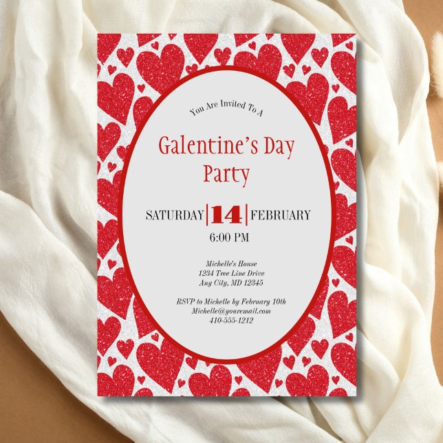 Rote Herzen Glitzer Sparkle Galentine Party Einladung (Red Hearts Glitter Sparkle Galentine's Day Valentines Day Party invitation)